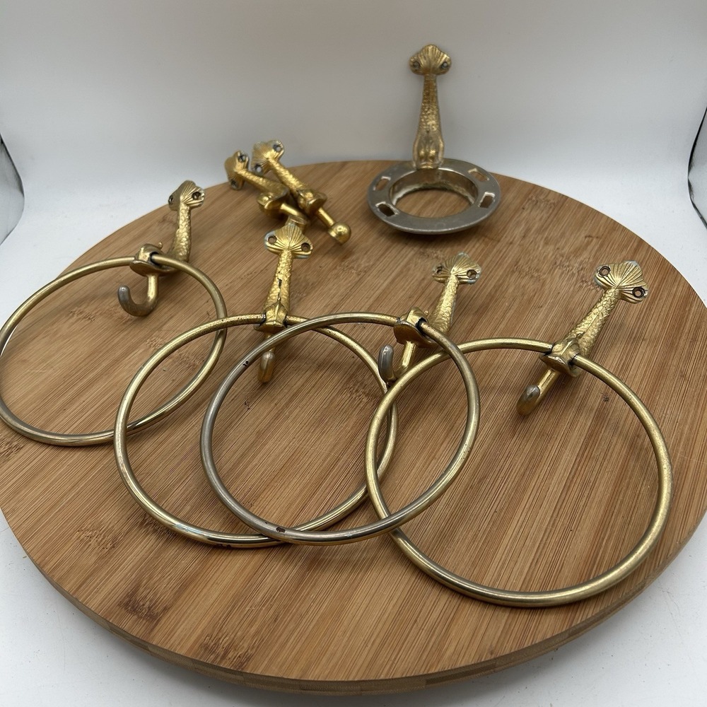 Vtg BRASS Koi Fish (4) Wall Mount Towel Racks, Tissue Set & Tooth Brush/cup